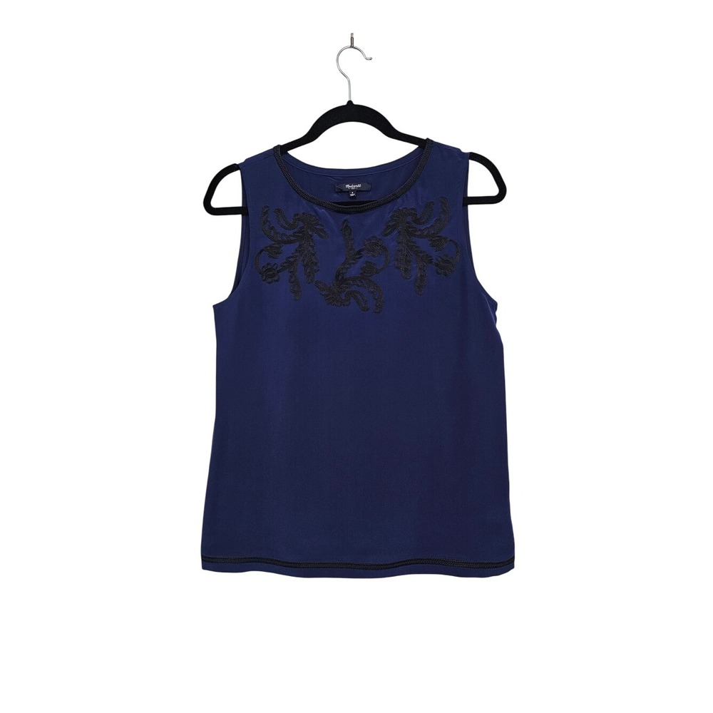 Madewell 100% Silk Shell Tank Top Small Navy Blue Embroidered Boho Chic Office ~